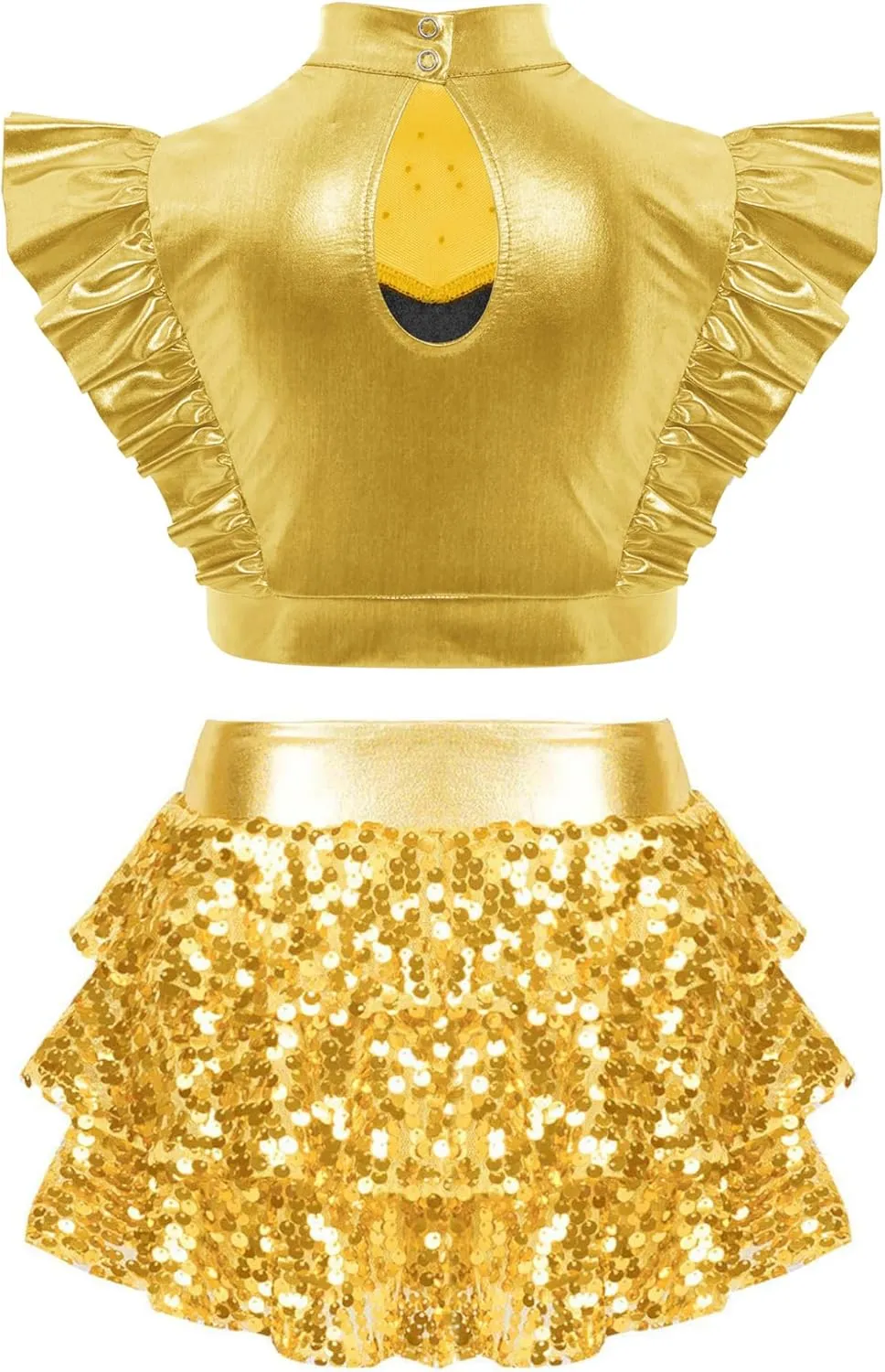 Girls Rhinestone Adorned Mesh Dance Top Tiered Ruffled Culottes Jazz Performance
