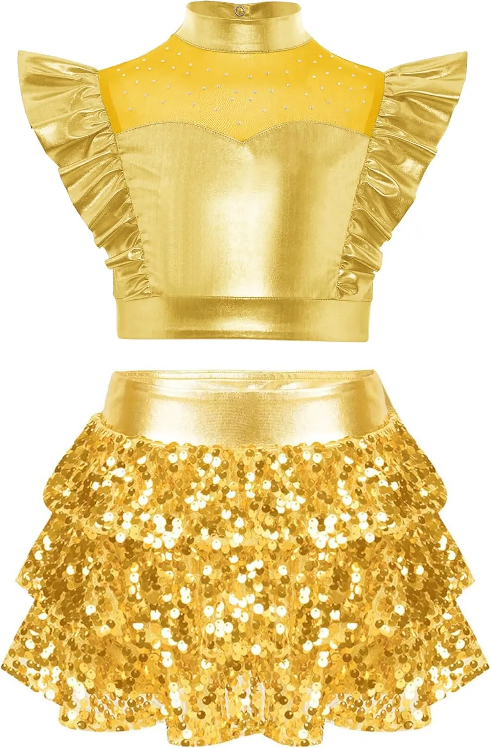 Girls Rhinestone Adorned Mesh Dance Top Tiered Ruffled Culottes Jazz Performance