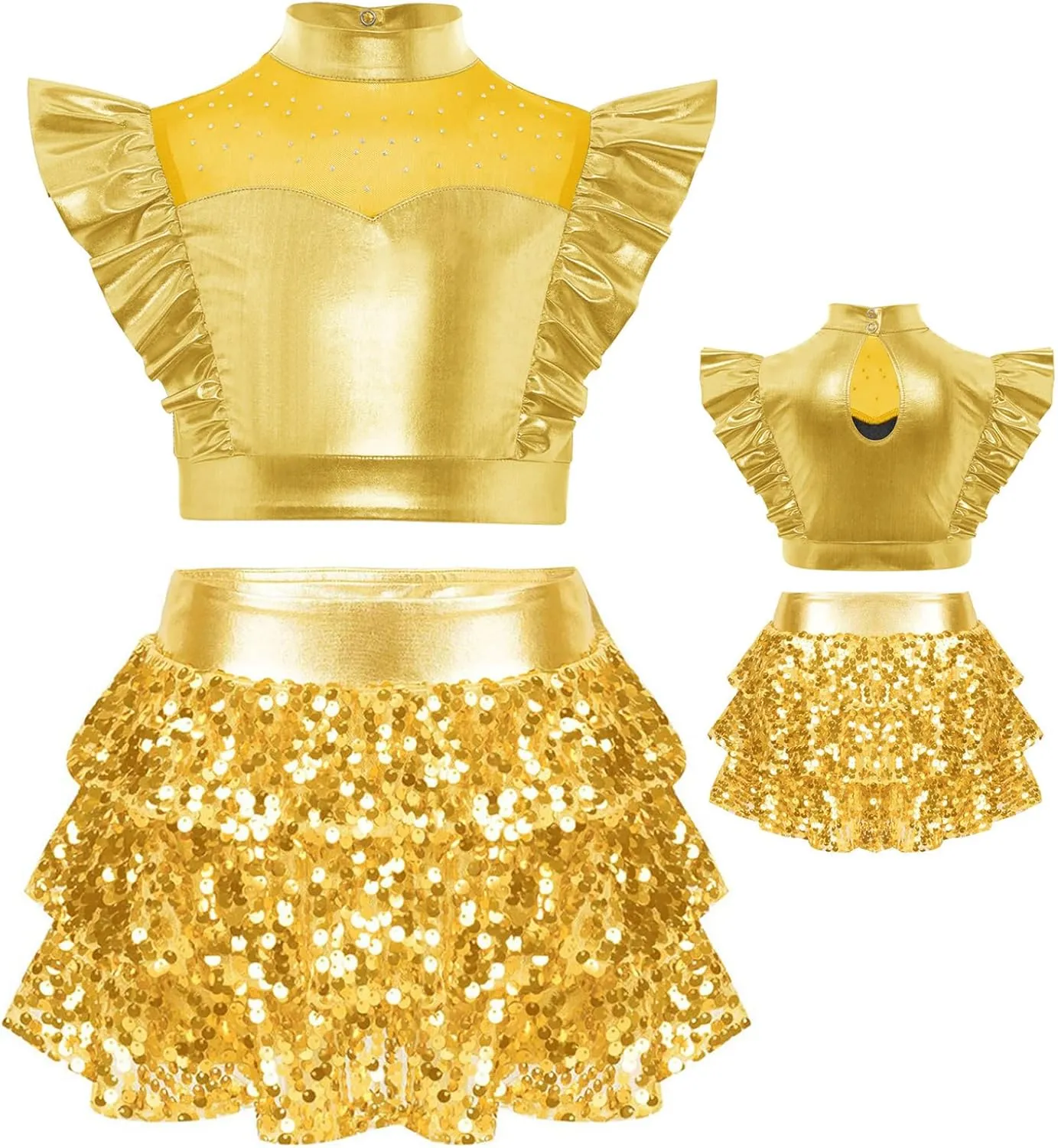Girls Rhinestone Adorned Mesh Dance Top Tiered Ruffled Culottes Jazz Performance