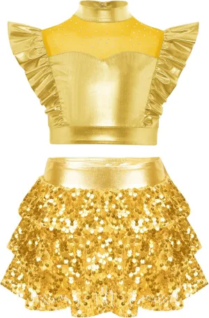 Girls Rhinestone Adorned Mesh Dance Top Tiered Ruffled Culottes Jazz Performance