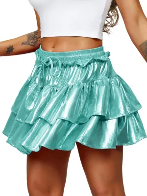 Kaei&Shi Metallic Skirts for Women & Girls & Kids,Pu Leather Layered Mini Skirt