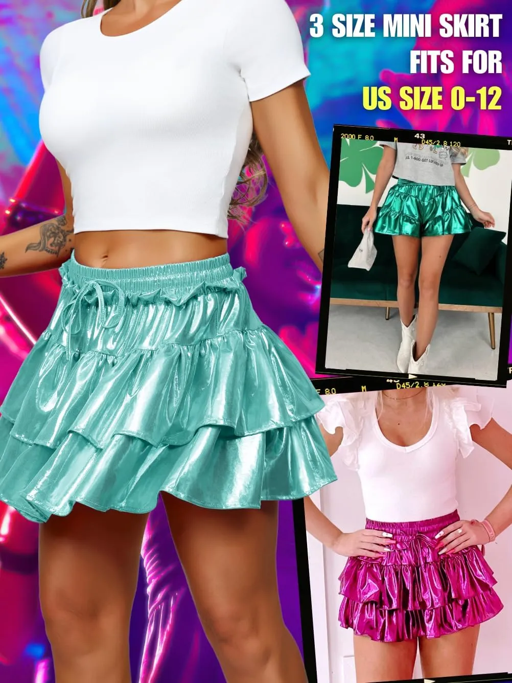 Kaei&Shi Metallic Skirts for Women & Girls & Kids,Pu Leather Layered Mini Skirt