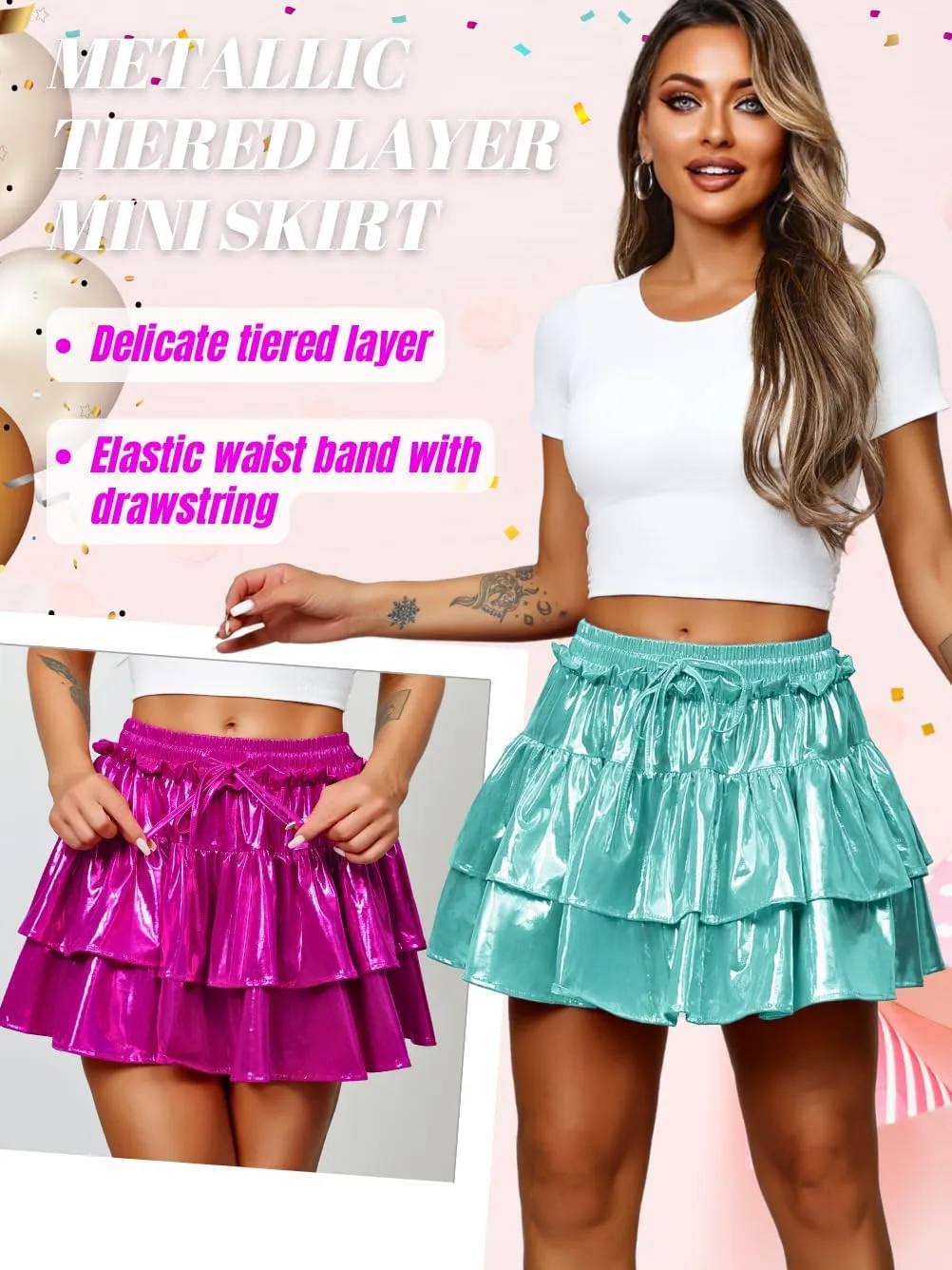 Kaei&Shi Metallic Skirts for Women & Girls & Kids,Pu Leather Layered Mini Skirt
