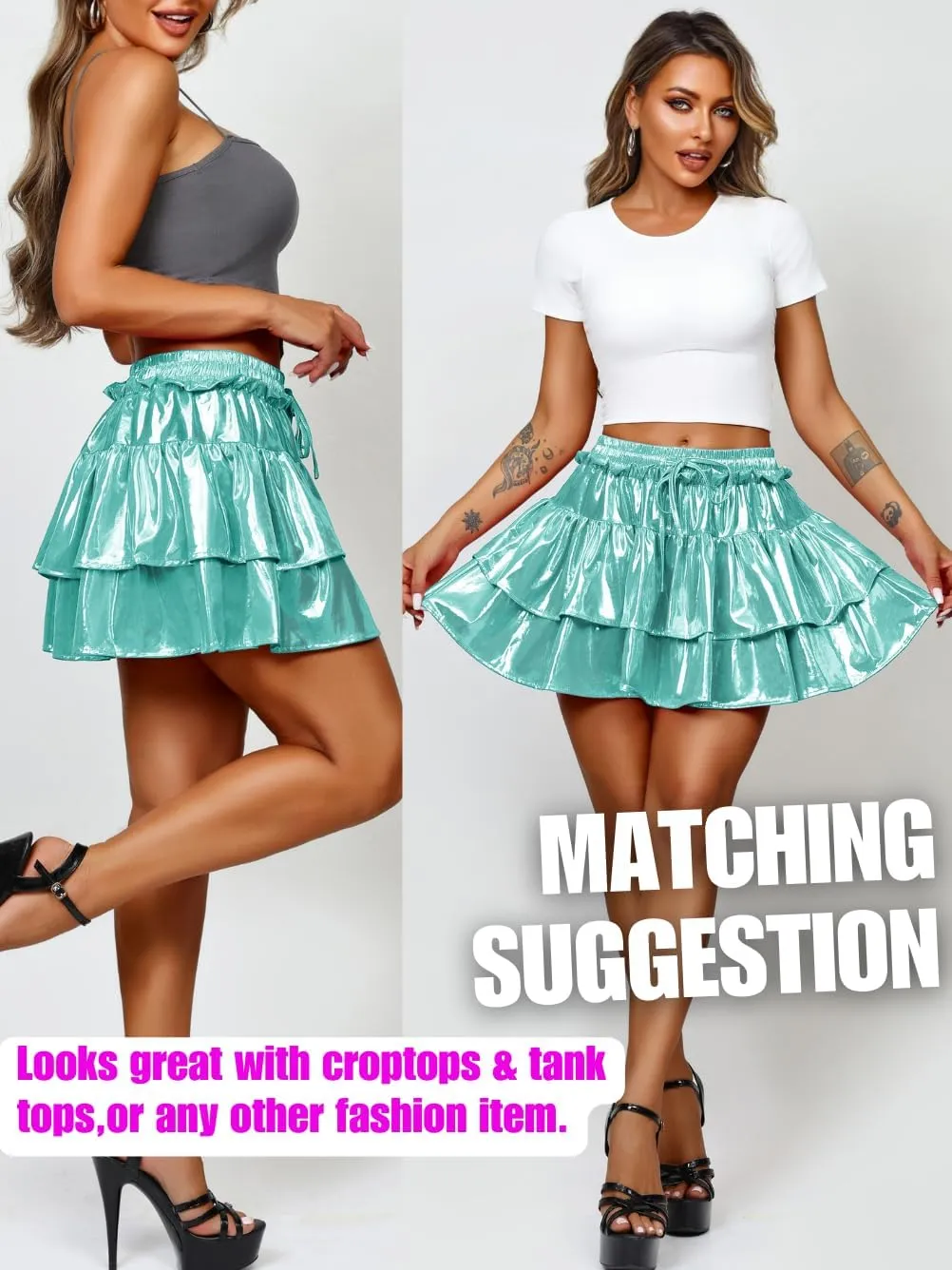 Kaei&Shi Metallic Skirts for Women & Girls & Kids,Pu Leather Layered Mini Skirt
