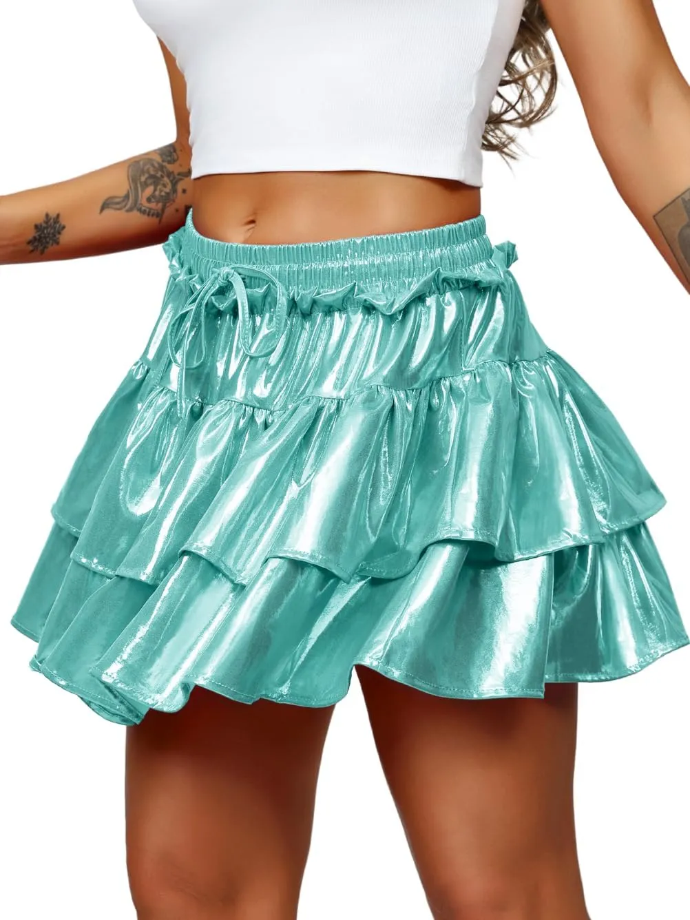 Kaei&Shi Metallic Skirts for Women & Girls & Kids,Pu Leather Layered Mini Skirt