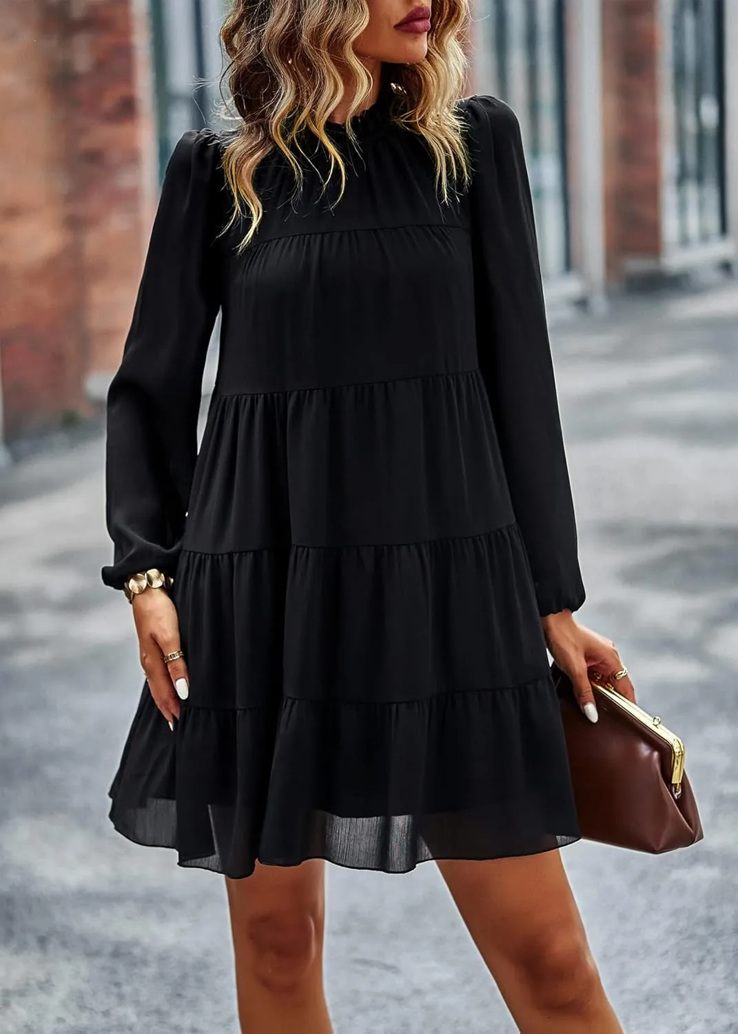 KIRUNDO Long Sleeve Baby Doll Dresses Women 2025 Casual Spring Summer Ruffle Mock Neck Tiered Mini Flowy Swing Shift Dress