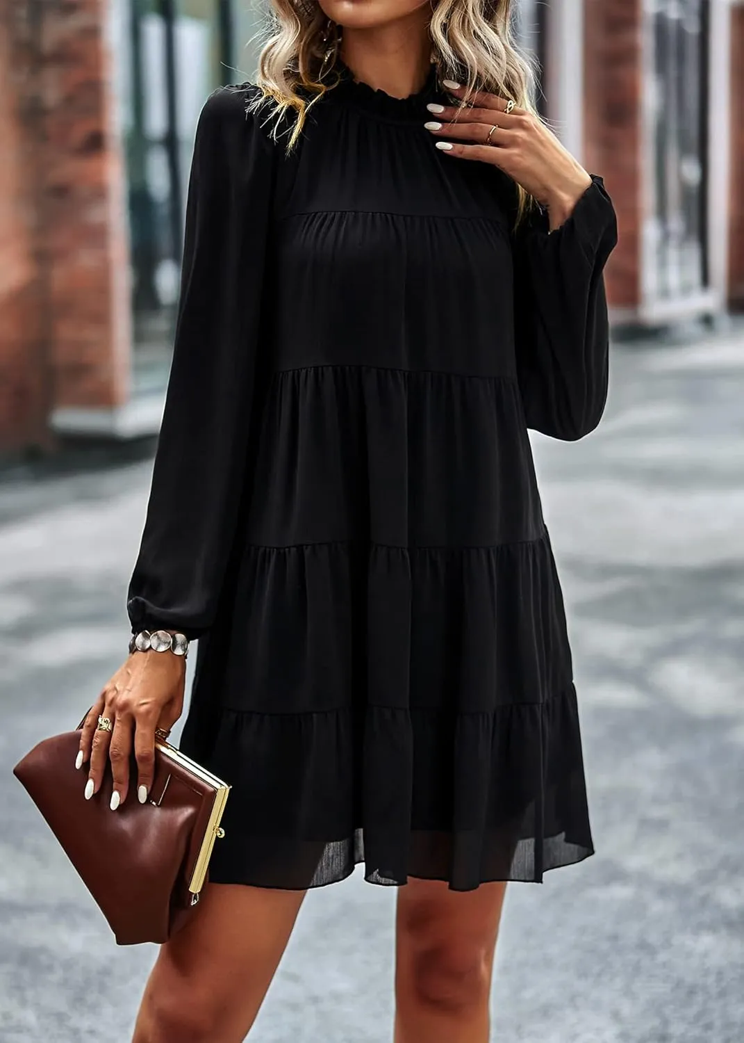 KIRUNDO Long Sleeve Baby Doll Dresses Women 2025 Casual Spring Summer Ruffle Mock Neck Tiered Mini Flowy Swing Shift Dress