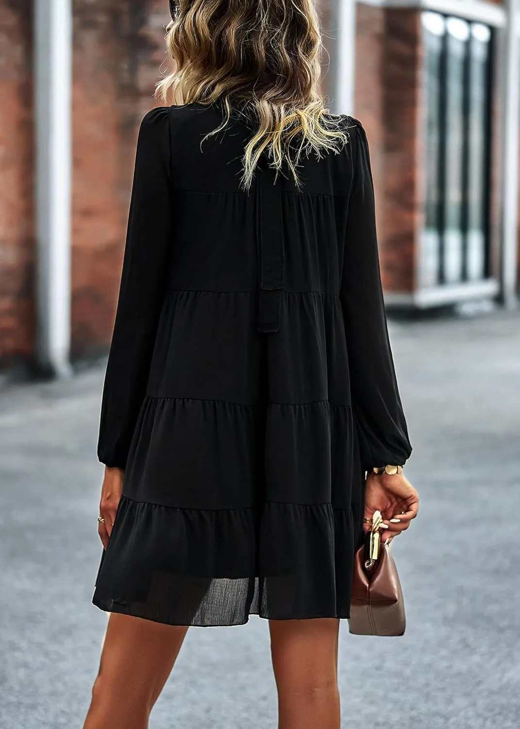 KIRUNDO Long Sleeve Baby Doll Dresses Women 2025 Casual Spring Summer Ruffle Mock Neck Tiered Mini Flowy Swing Shift Dress