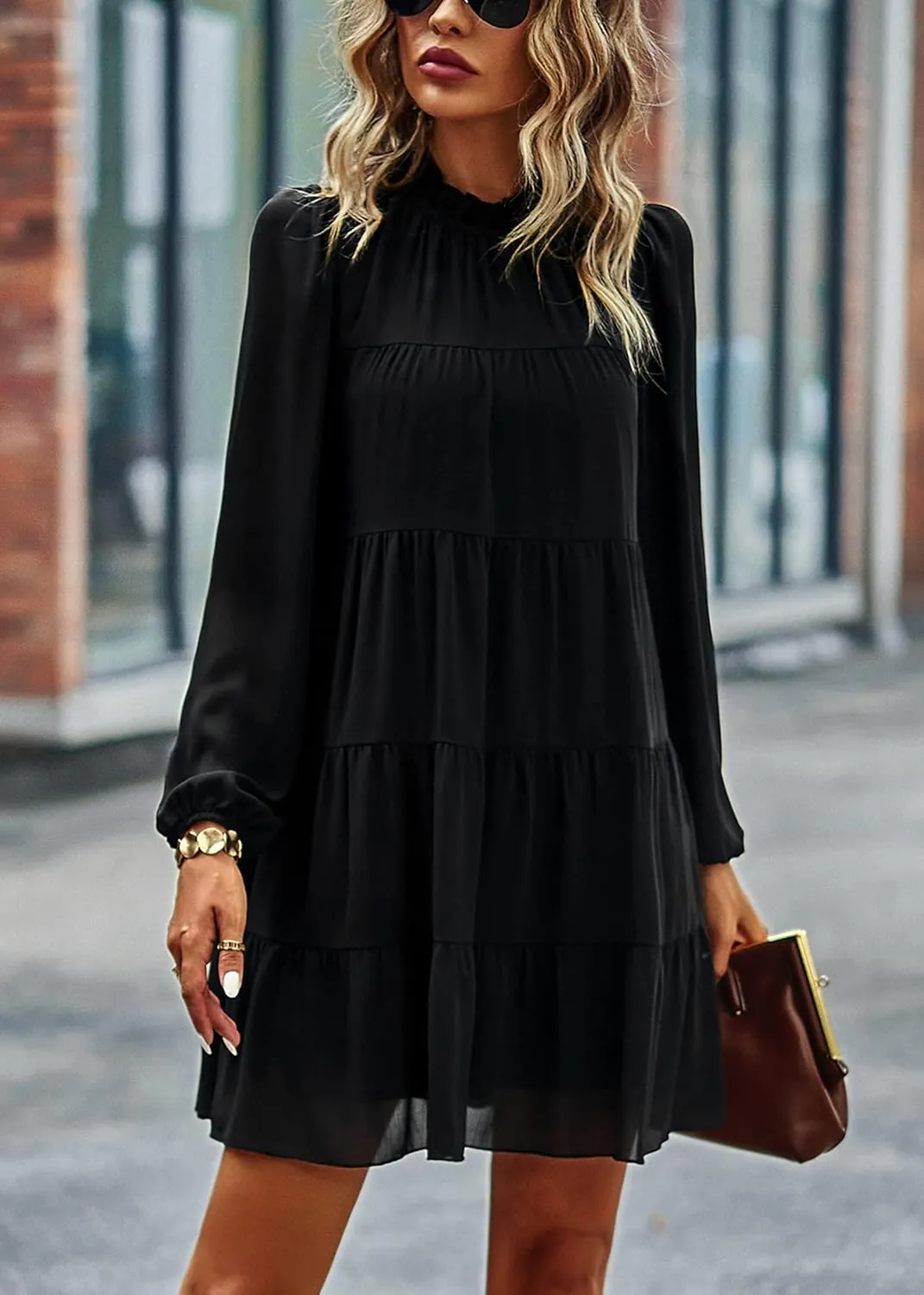 KIRUNDO Long Sleeve Baby Doll Dresses Women 2025 Casual Spring Summer Ruffle Mock Neck Tiered Mini Flowy Swing Shift Dress
