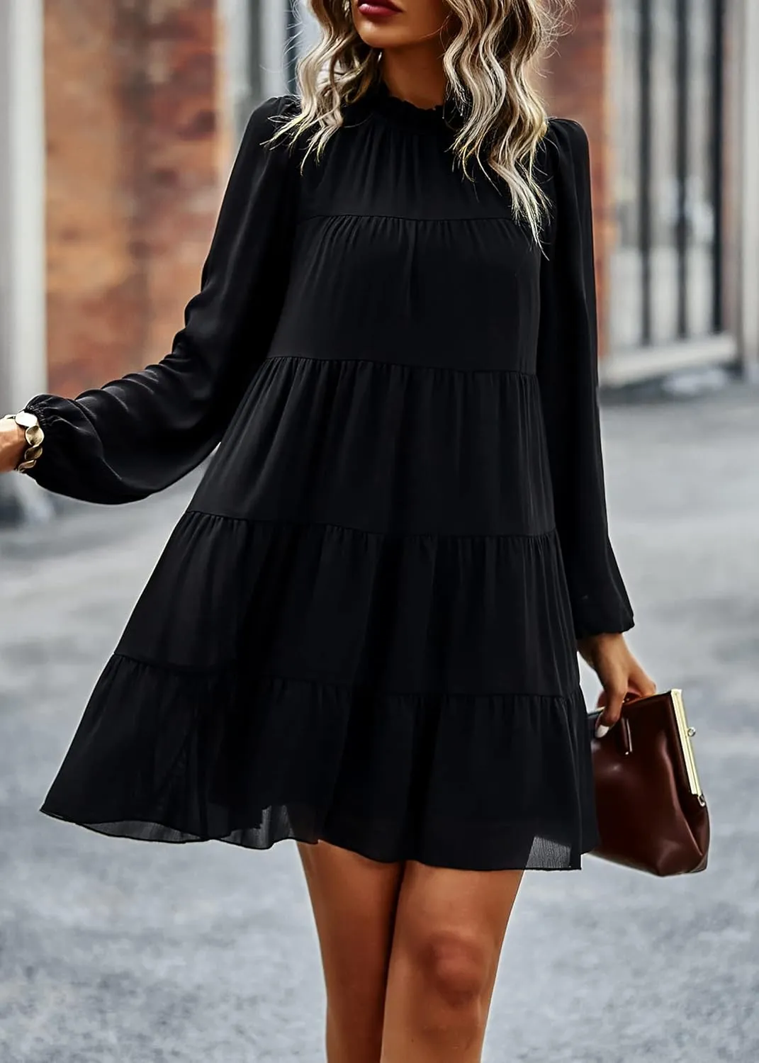 KIRUNDO Long Sleeve Baby Doll Dresses Women 2025 Casual Spring Summer Ruffle Mock Neck Tiered Mini Flowy Swing Shift Dress