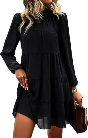 KIRUNDO Long Sleeve Baby Doll Dresses Women 2025 Casual Spring Summer Ruffle Mock Neck Tiered Mini Flowy Swing Shift Dress