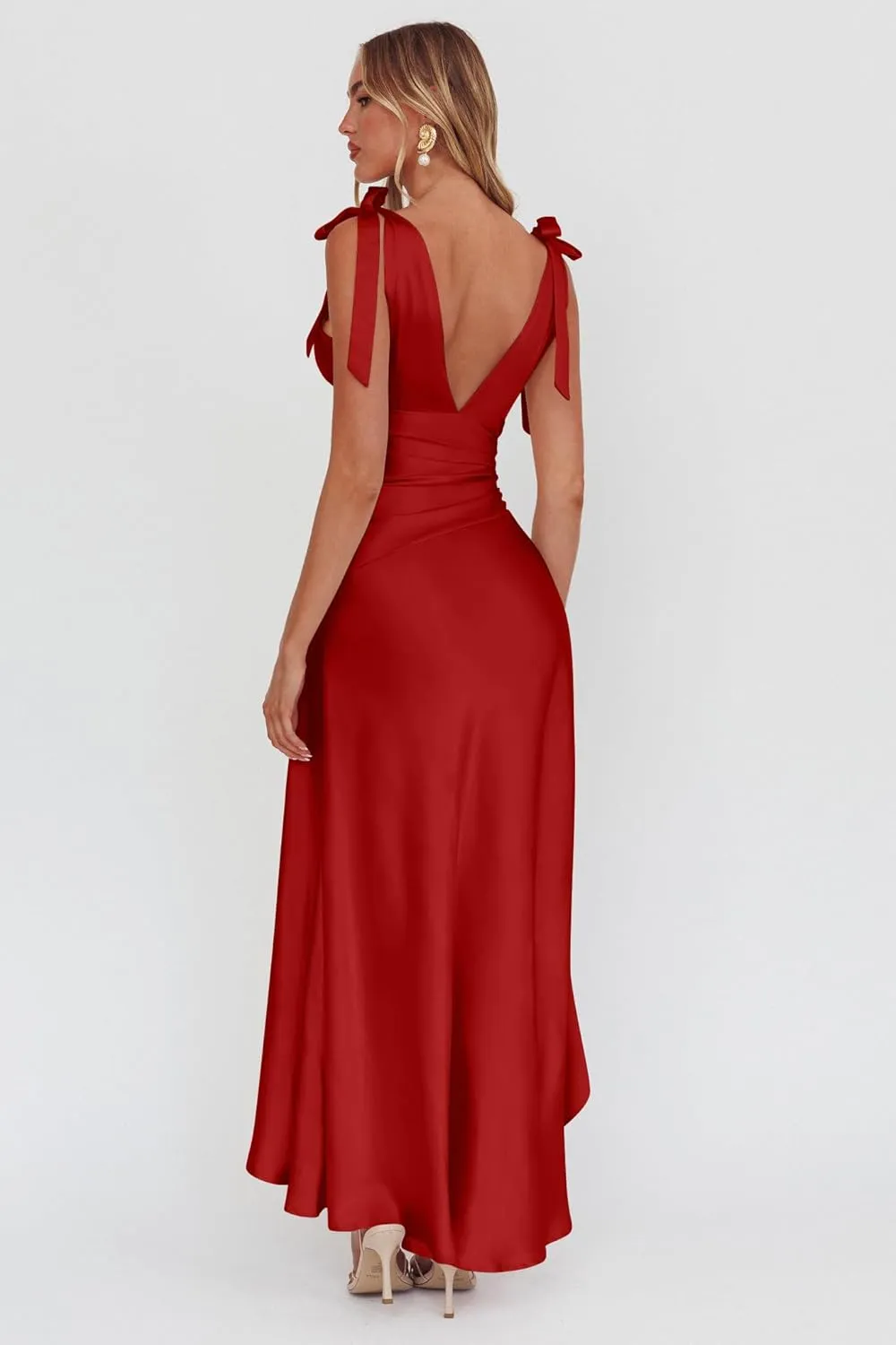 LAGSHIAN Women's Summer V Neck Sleeveless Bodycon Ruched Irregular Hem Cocktail Party Satin Flowy Maxi Dress