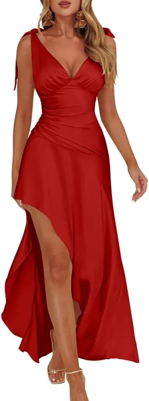 LAGSHIAN Women's Summer V Neck Sleeveless Bodycon Ruched Irregular Hem Cocktail Party Satin Flowy Maxi Dress