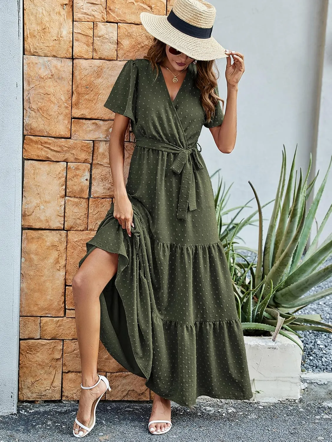 MASCOMODA Womens Summer Swiss Dot Maxi Dressses Wrap V Neck Flutter Short Sleeve Boho Casual Flowy Long Wedding Guest Dress
