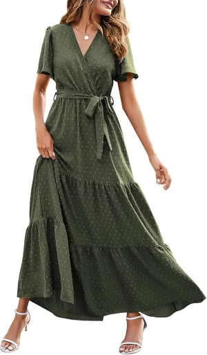MASCOMODA Womens Summer Swiss Dot Maxi Dressses Wrap V Neck Flutter Short Sleeve Boho Casual Flowy Long Wedding Guest Dress
