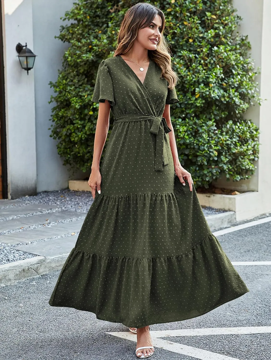 MASCOMODA Womens Summer Swiss Dot Maxi Dressses Wrap V Neck Flutter Short Sleeve Boho Casual Flowy Long Wedding Guest Dress