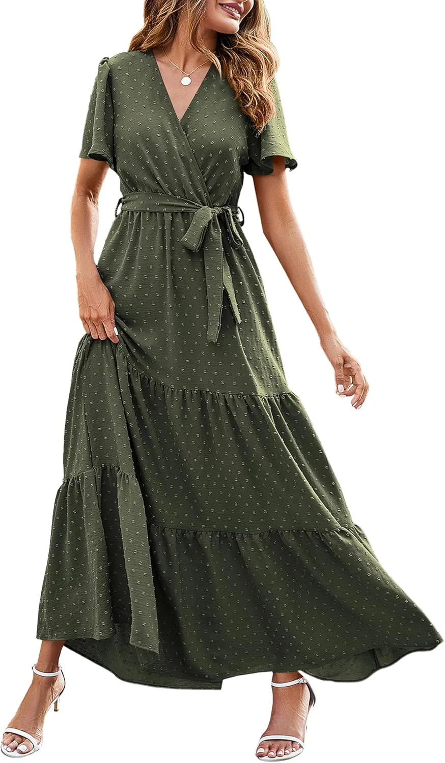 MASCOMODA Womens Summer Swiss Dot Maxi Dressses Wrap V Neck Flutter Short Sleeve Boho Casual Flowy Long Wedding Guest Dress