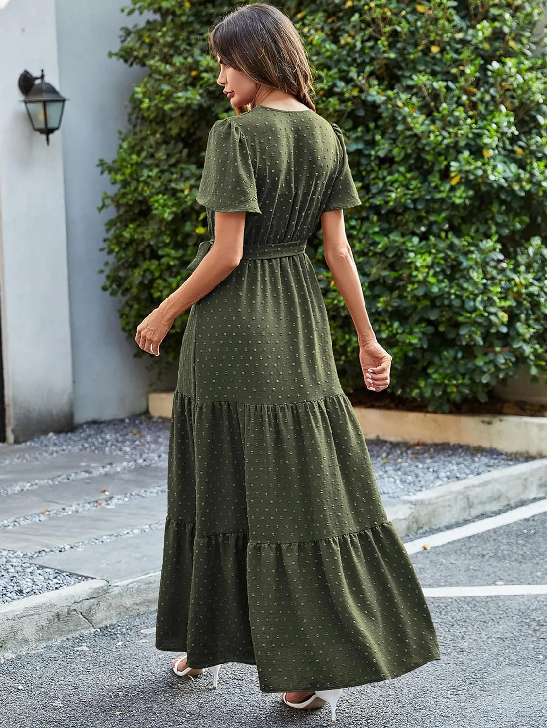 MASCOMODA Womens Summer Swiss Dot Maxi Dressses Wrap V Neck Flutter Short Sleeve Boho Casual Flowy Long Wedding Guest Dress
