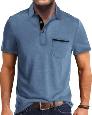 Mens Fashion Polo Shirts Cotton Classic Long Sleeve Thermal Button Shirt with Pocket