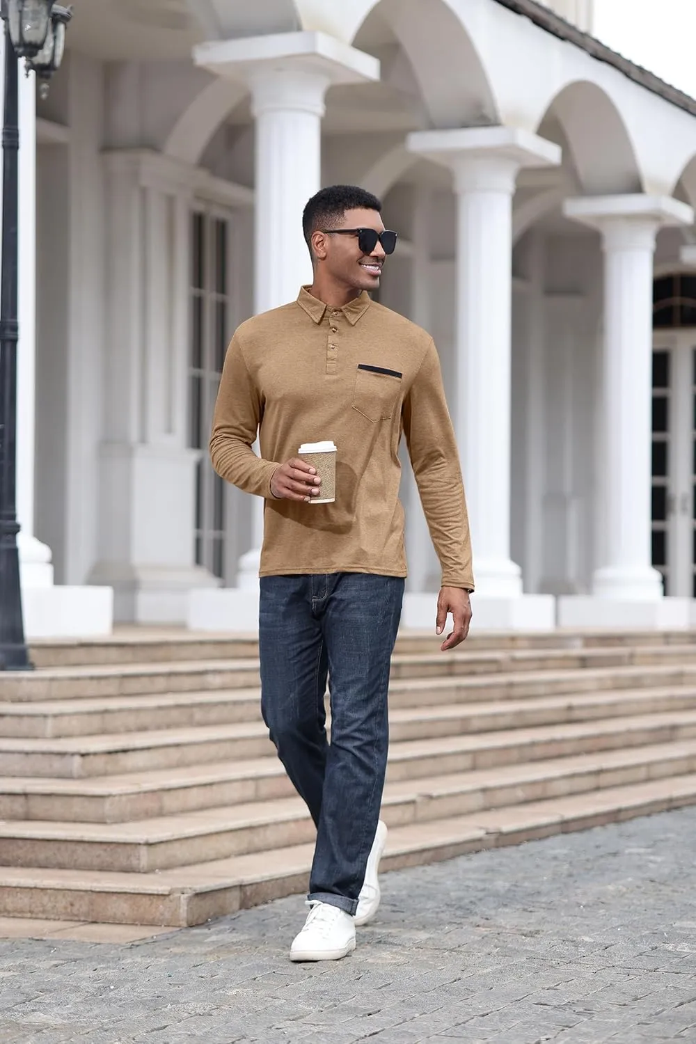 Mens Fashion Polo Shirts Cotton Classic Long Sleeve Thermal Button Shirt with Pocket