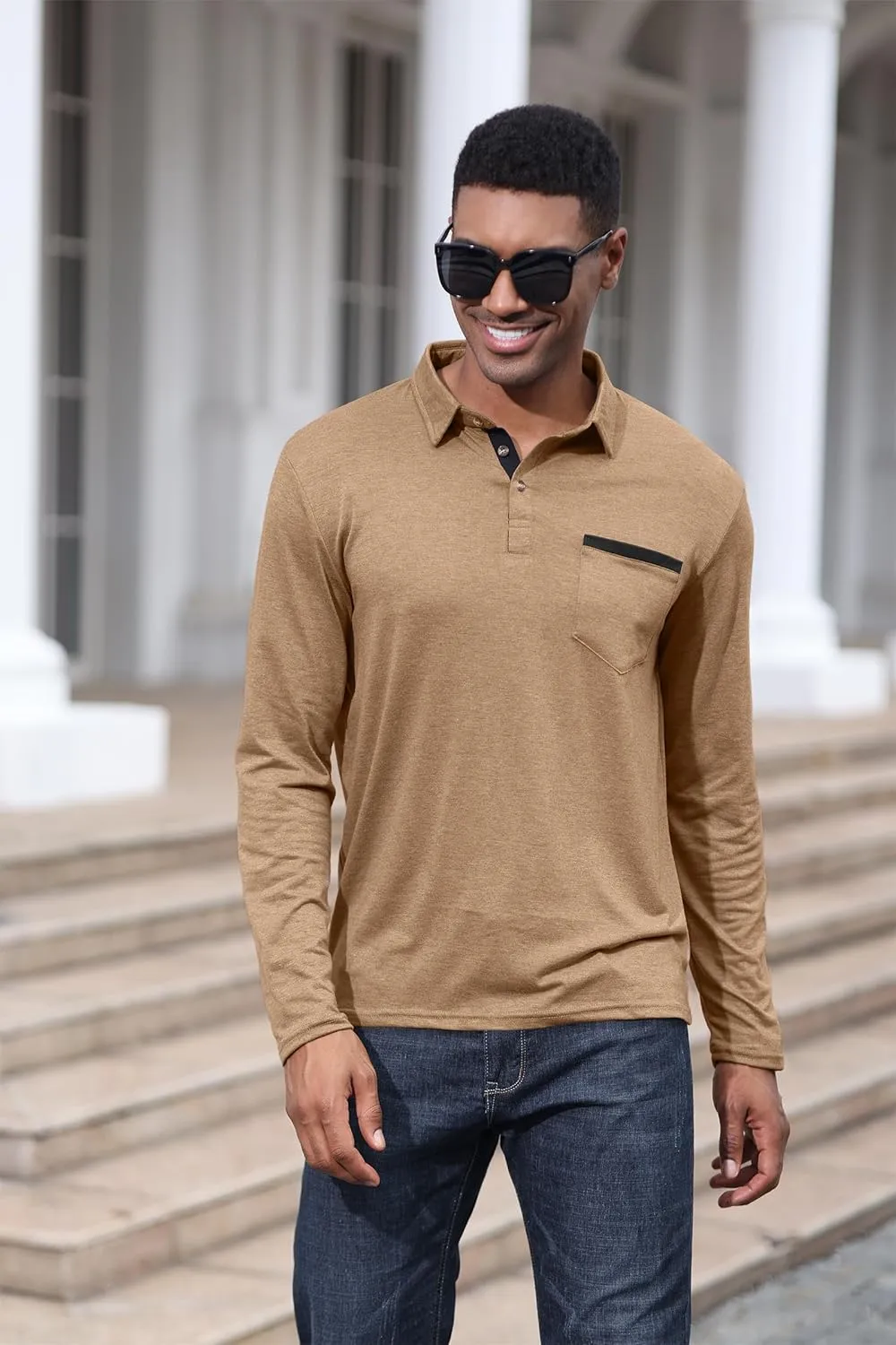 Mens Fashion Polo Shirts Cotton Classic Long Sleeve Thermal Button Shirt with Pocket