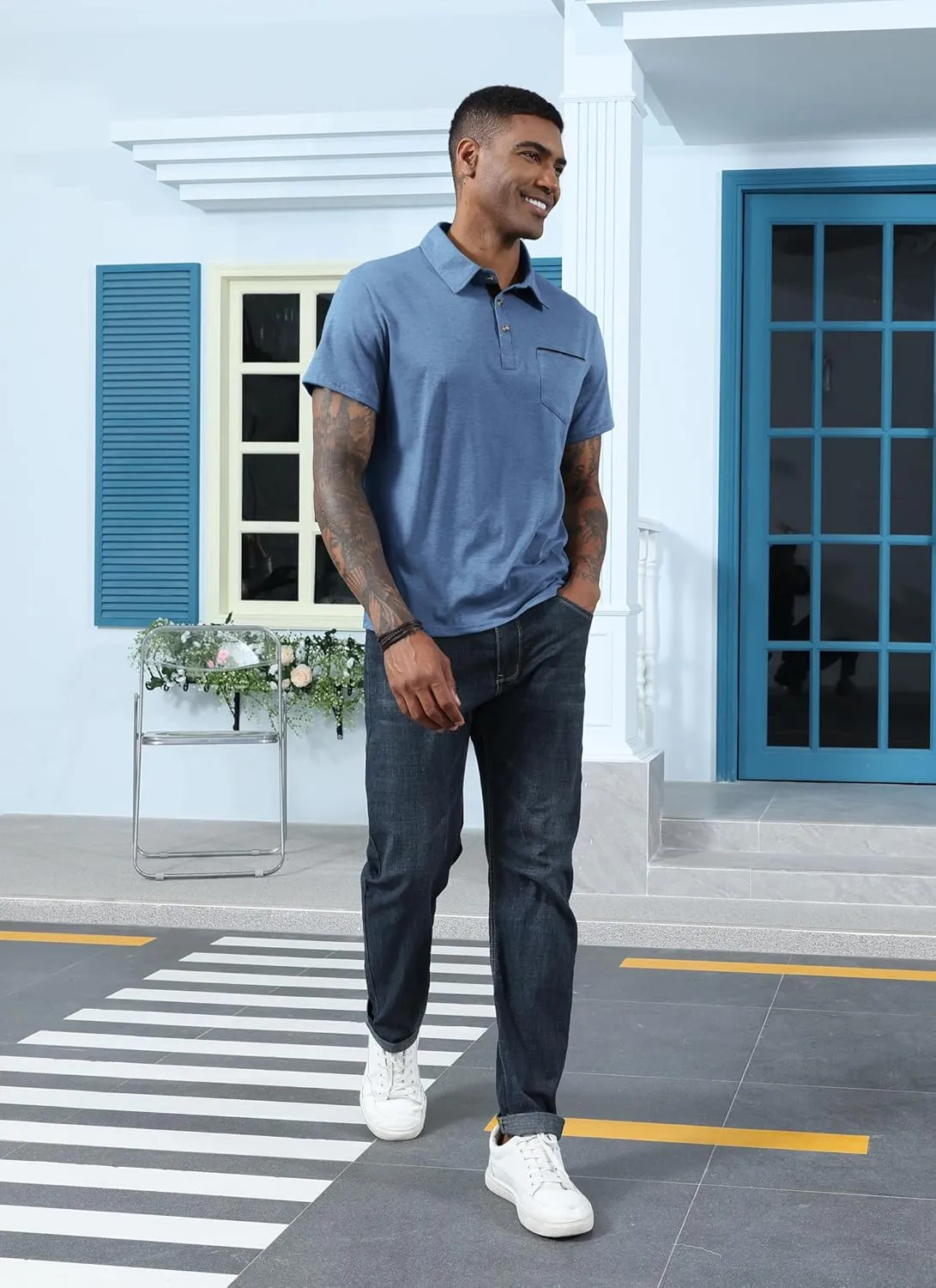 Mens Fashion Polo Shirts Cotton Classic Long Sleeve Thermal Button Shirt with Pocket