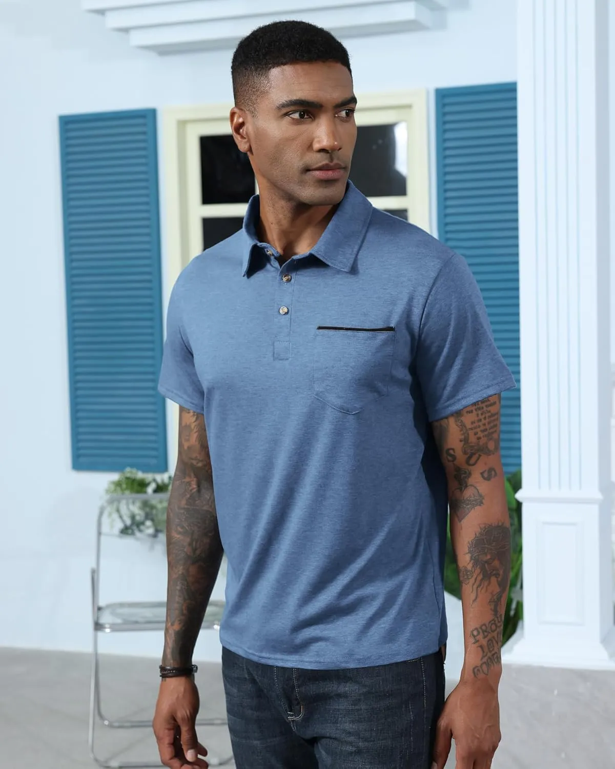 Mens Fashion Polo Shirts Cotton Classic Long Sleeve Thermal Button Shirt with Pocket