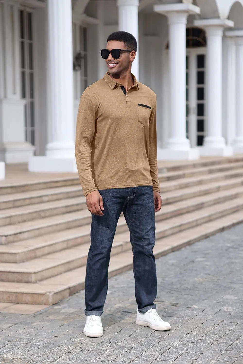 Mens Fashion Polo Shirts Cotton Classic Long Sleeve Thermal Button Shirt with Pocket