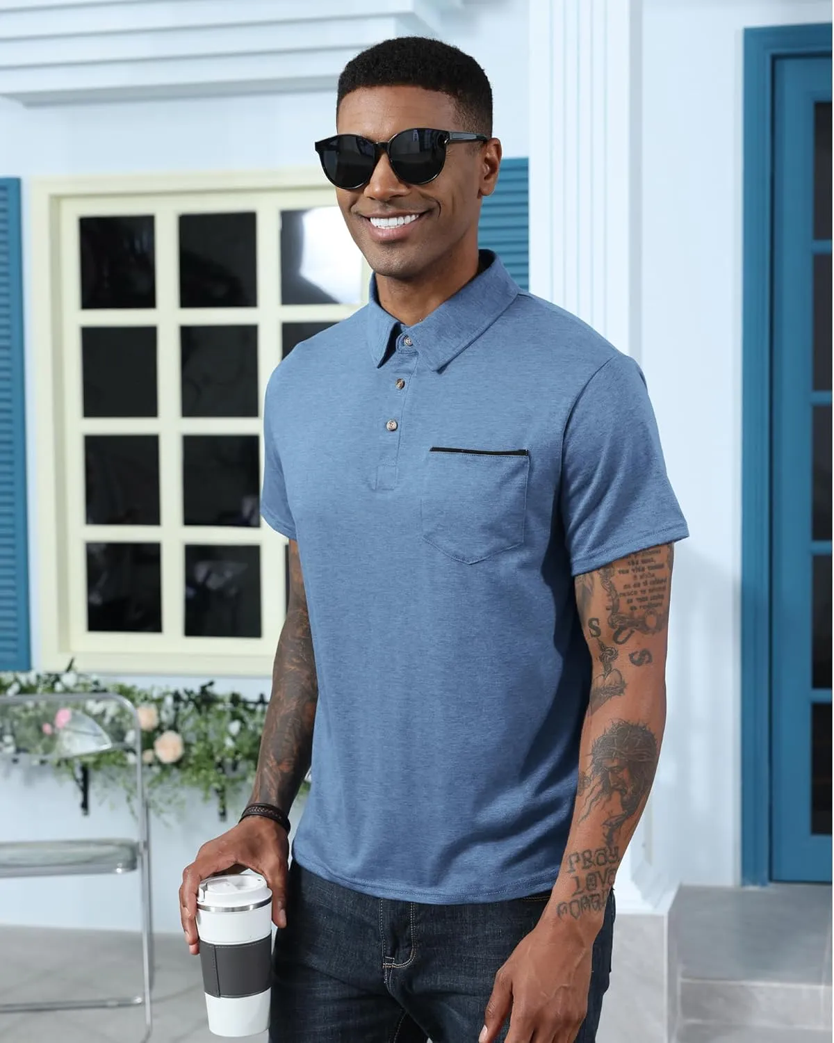 Mens Fashion Polo Shirts Cotton Classic Long Sleeve Thermal Button Shirt with Pocket