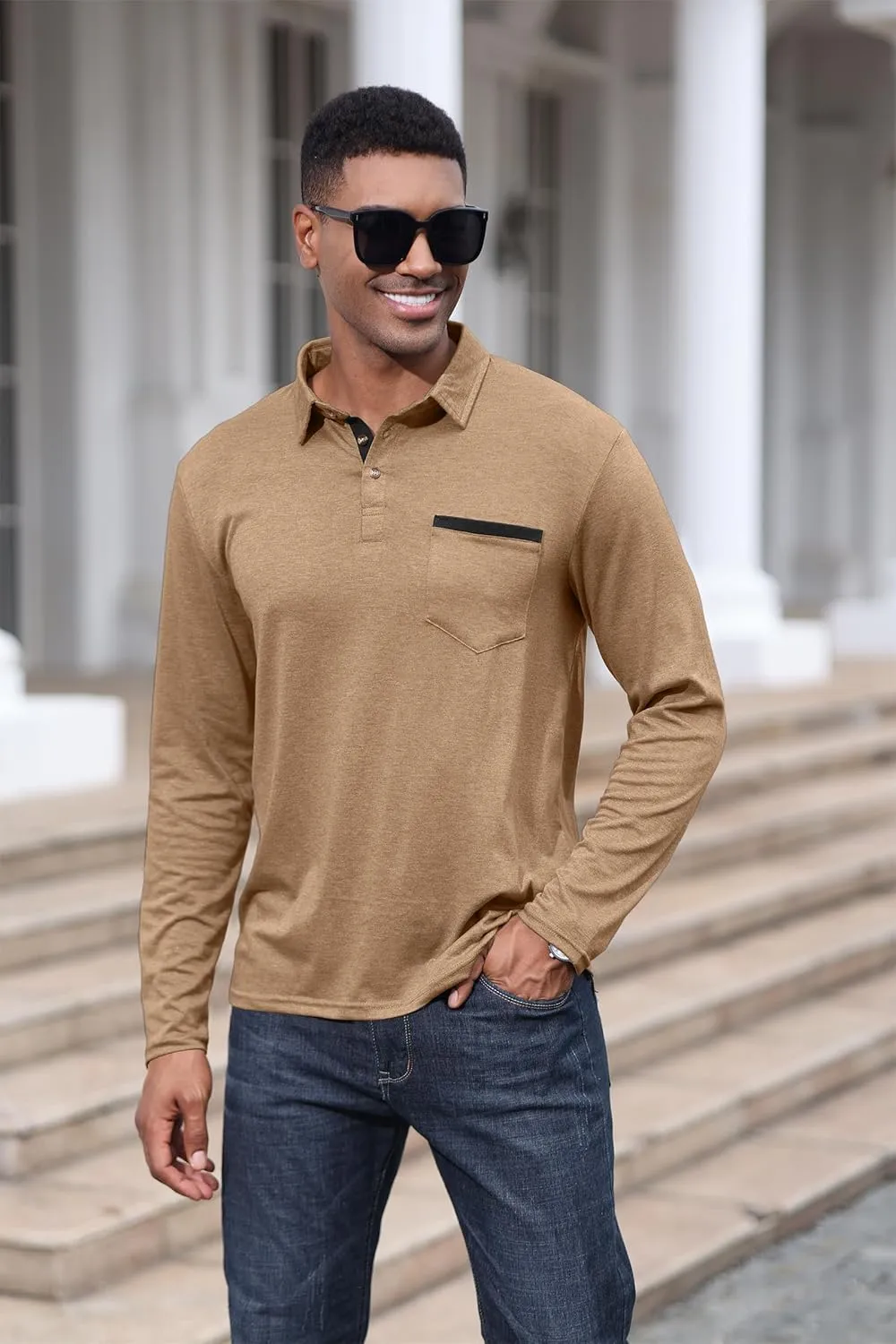 Mens Fashion Polo Shirts Cotton Classic Long Sleeve Thermal Button Shirt with Pocket