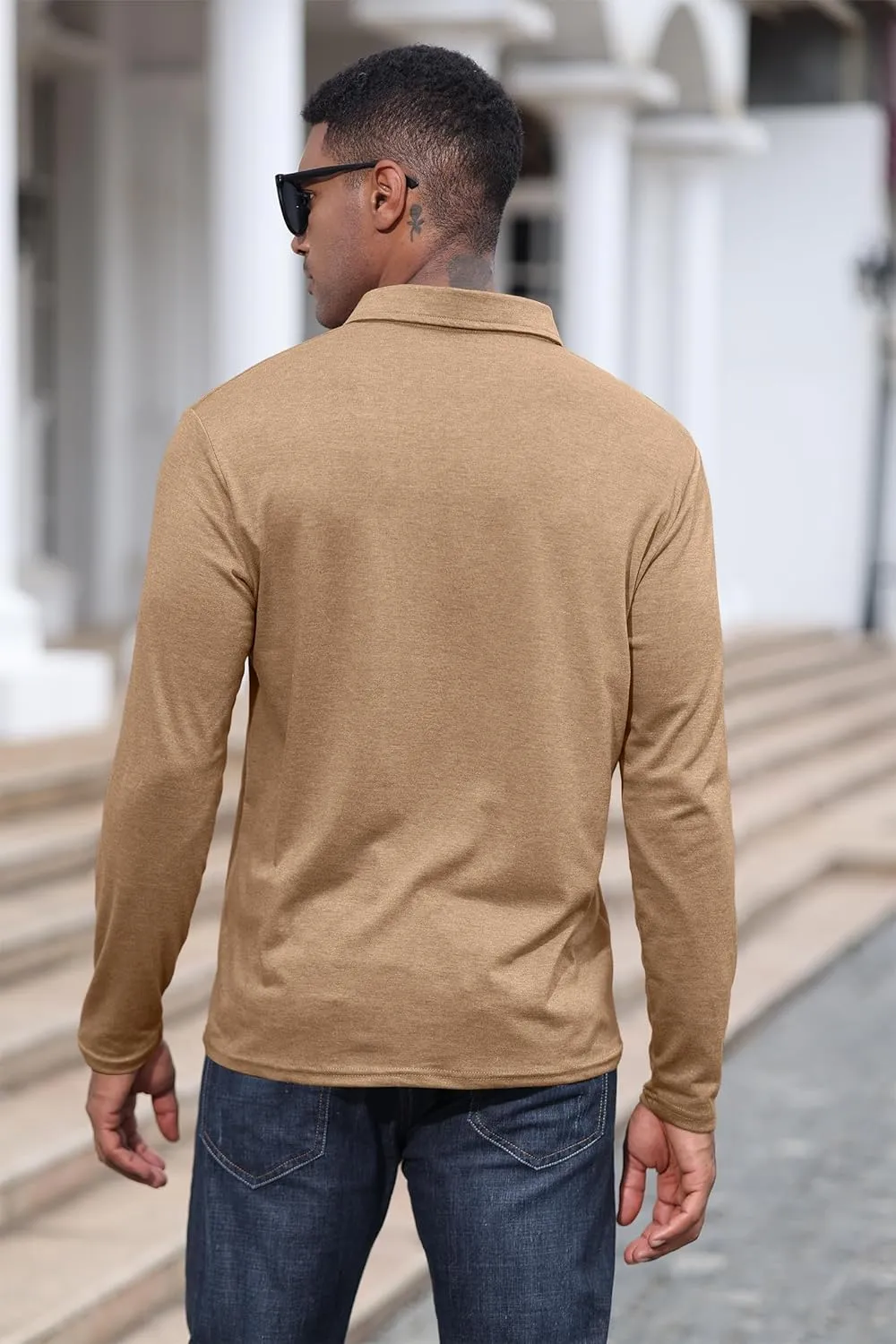 Mens Fashion Polo Shirts Cotton Classic Long Sleeve Thermal Button Shirt with Pocket