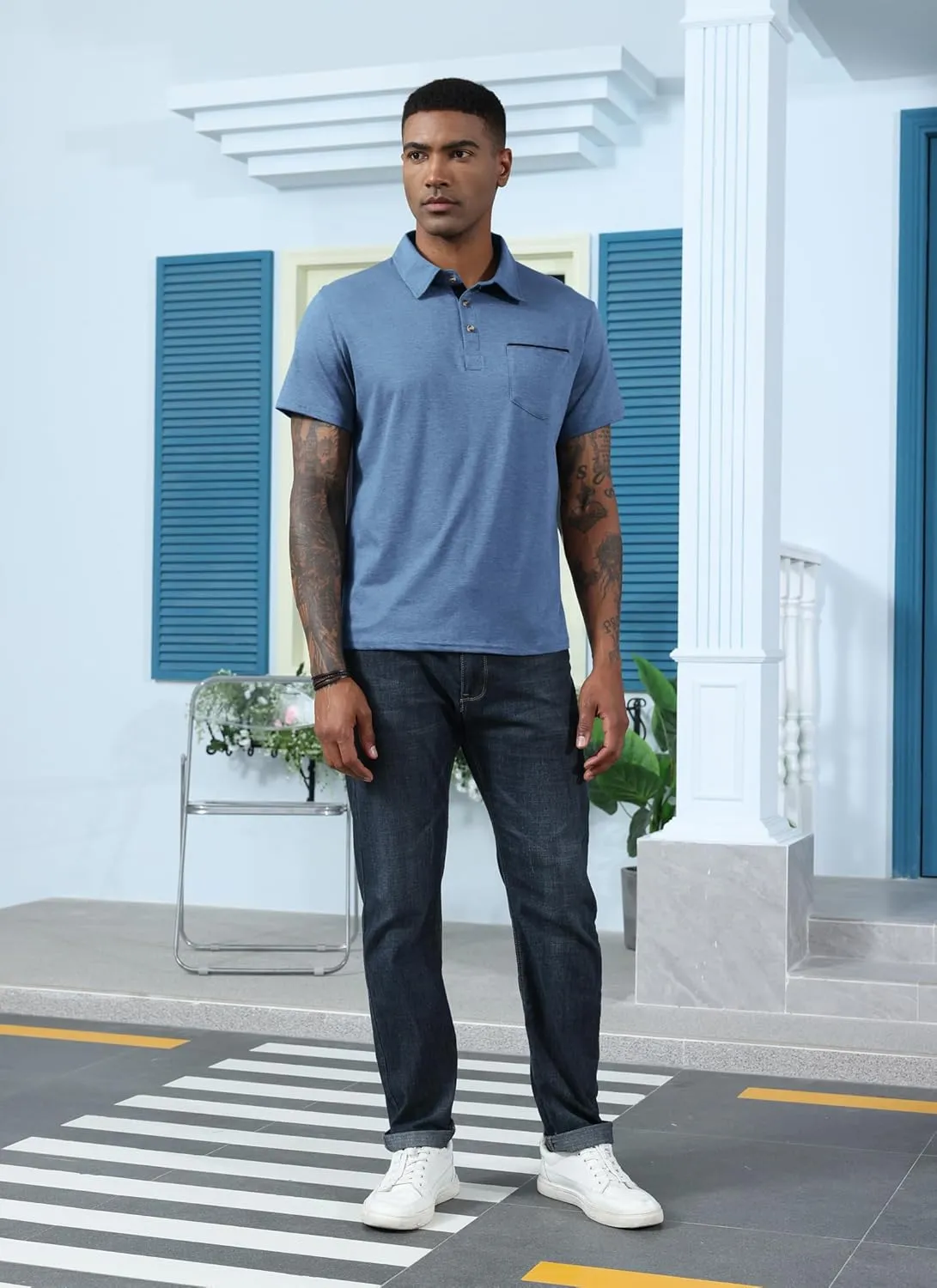 Mens Fashion Polo Shirts Cotton Classic Long Sleeve Thermal Button Shirt with Pocket