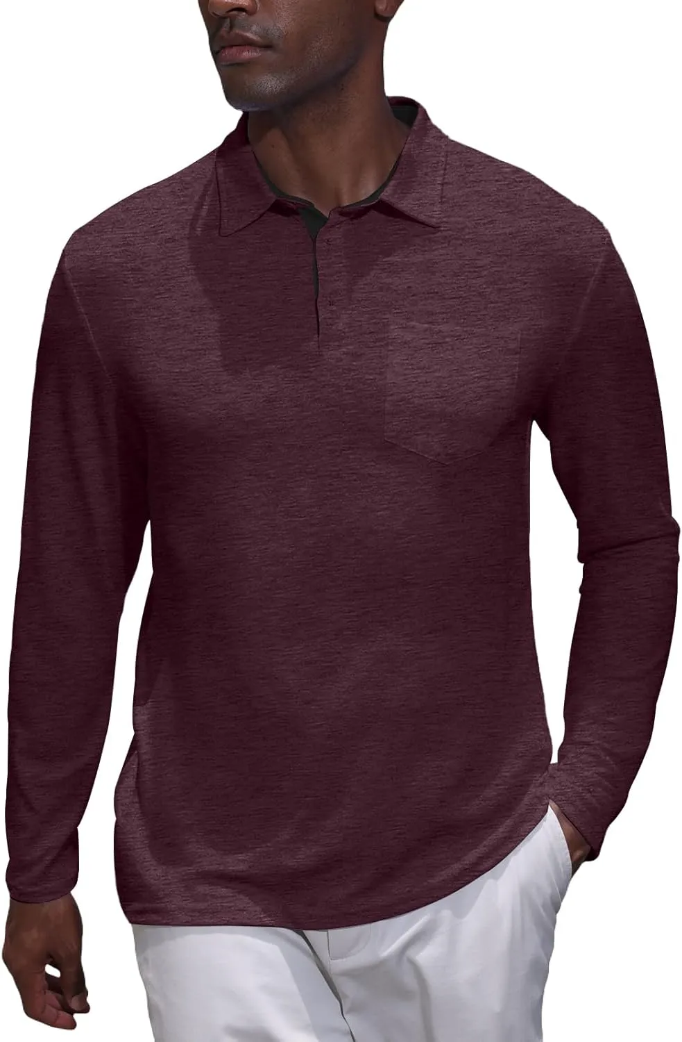 Mens Knit Polo Shirts Long Sleeve Classic Polo Shirts Classic Button Basic Shirt Solid Color Golf Shirts