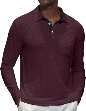 Mens Knit Polo Shirts Long Sleeve Classic Polo Shirts Classic Button Basic Shirt Solid Color Golf Shirts