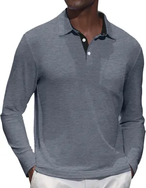 Mens Knit Polo Shirts Long Sleeve Classic Polo Shirts Classic Button Basic Shirt Solid Color Golf Shirts