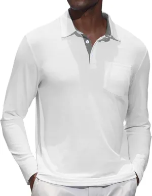 Mens Knit Polo Shirts Long Sleeve Classic Polo Shirts Classic Button Basic Shirt Solid Color Golf Shirts