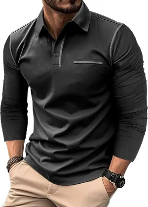 Mens Long Sleeve Polo Shirts Cotton Casual Polo Shirt Collared Button Classic Golf Polo T Shirts
