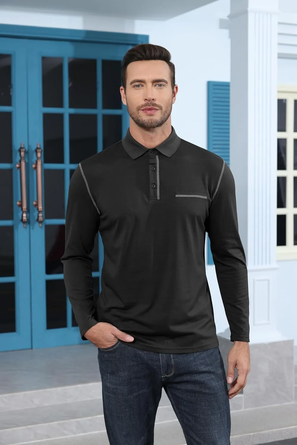 Mens Long Sleeve Polo Shirts Cotton Casual Polo Shirt Collared Button Classic Golf Polo T Shirts