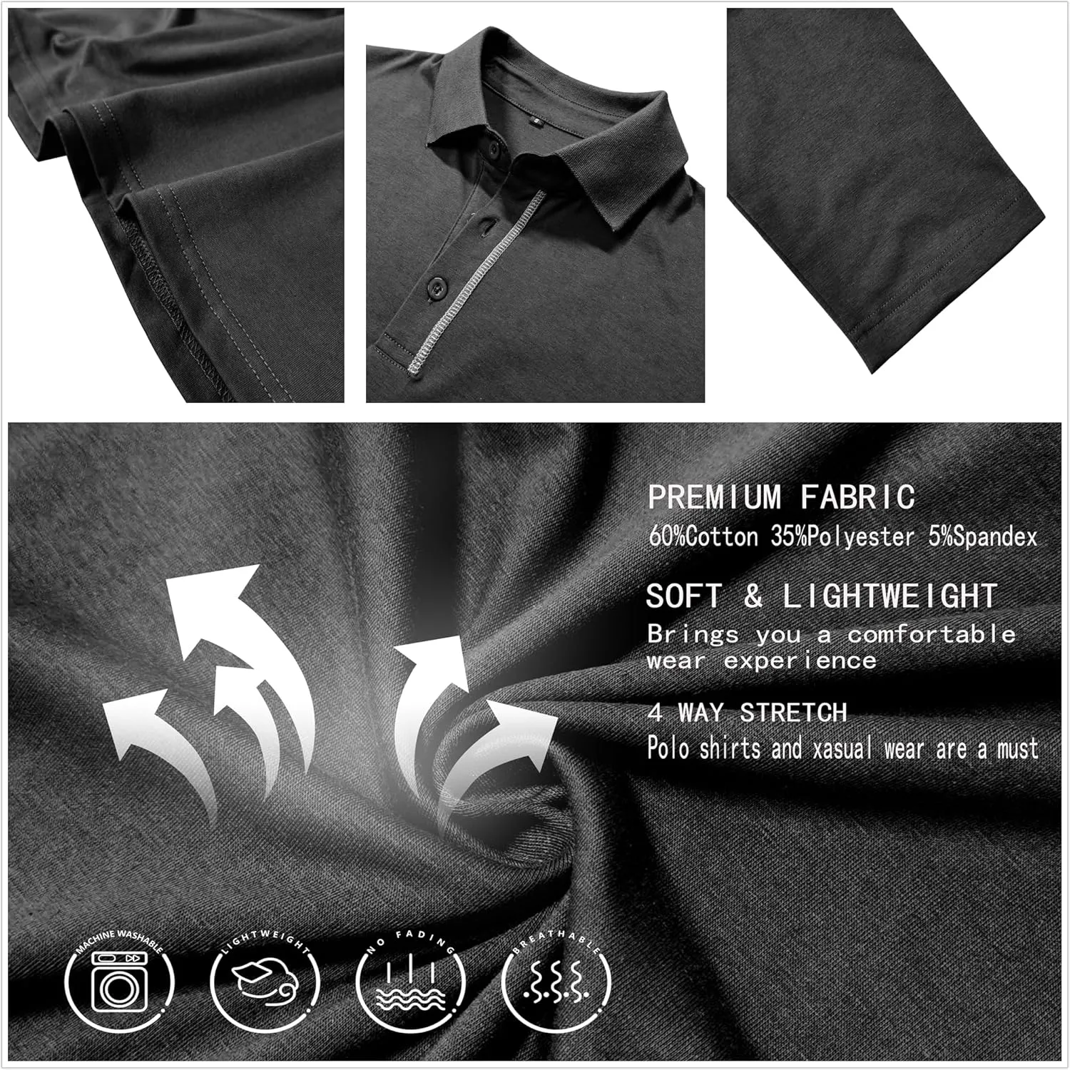 Mens Long Sleeve Polo Shirts Cotton Casual Polo Shirt Collared Button Classic Golf Polo T Shirts