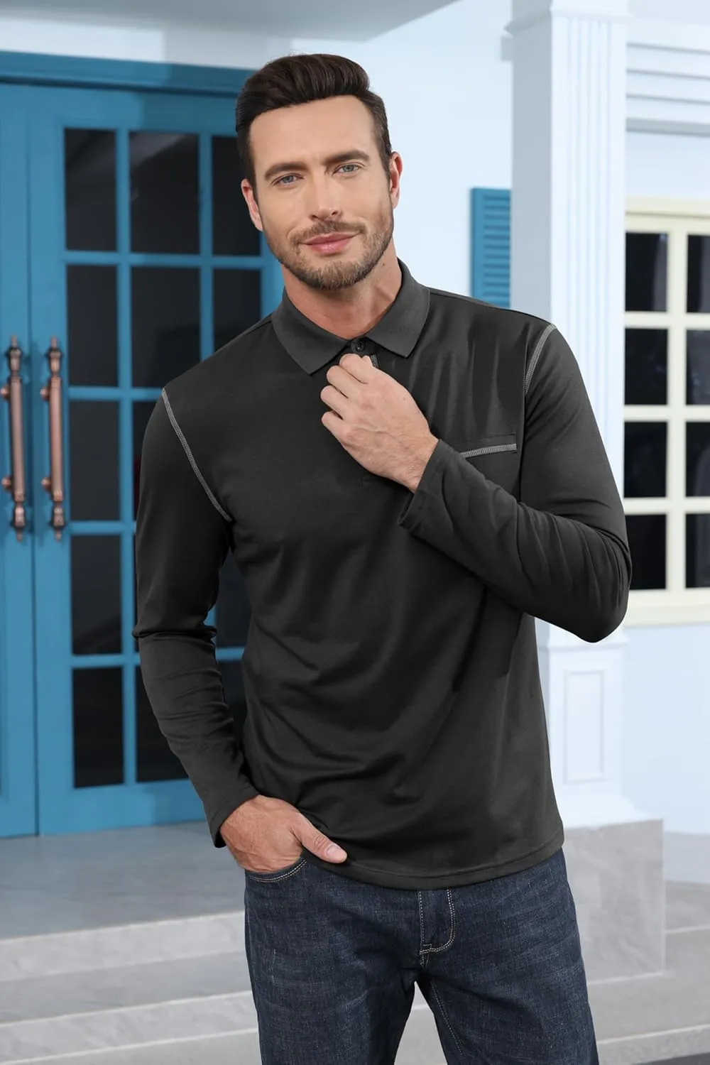 Mens Long Sleeve Polo Shirts Cotton Casual Polo Shirt Collared Button Classic Golf Polo T Shirts