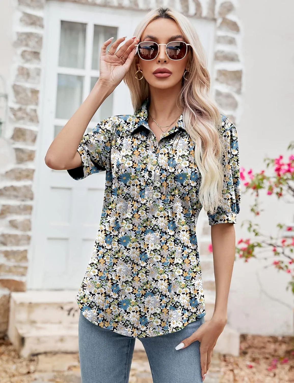 Micoson Womens Blouses Dressy Casual Short Sleeve Button Down Collared Polo Shirt Loose Tunic 2023 Summer Tops