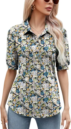 Micoson Womens Blouses Dressy Casual Short Sleeve Button Down Collared Polo Shirt Loose Tunic 2023 Summer Tops