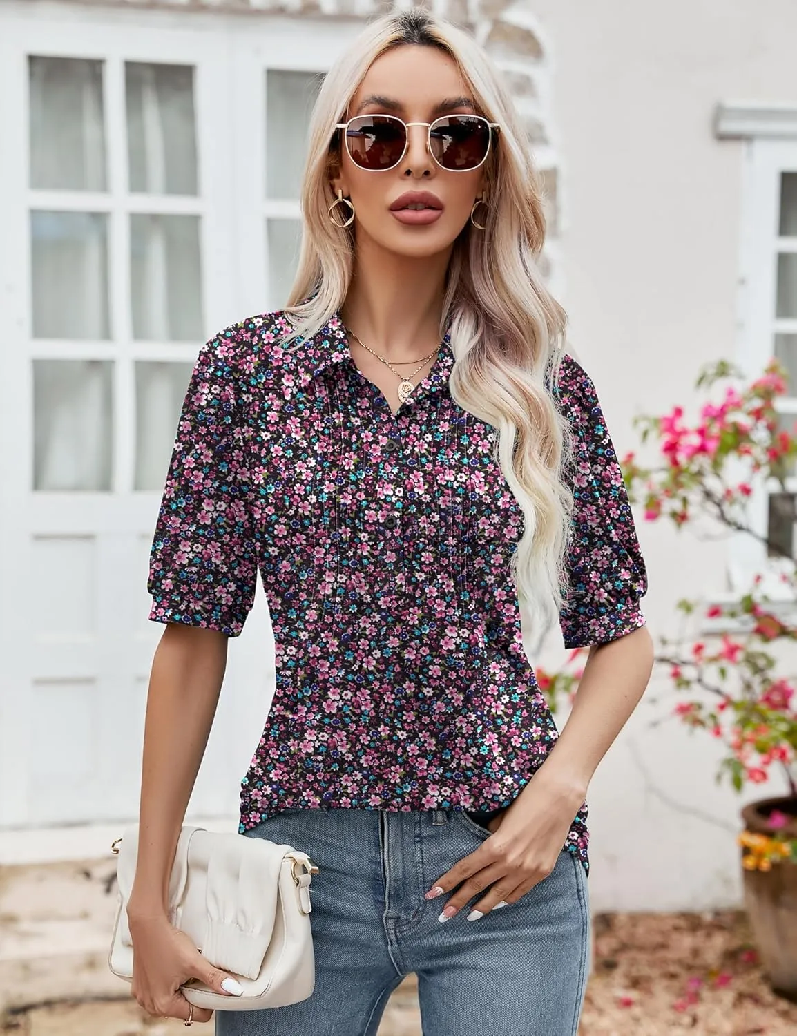 Micoson Womens Blouses Dressy Casual Short Sleeve Button Down Collared Polo Shirt Loose Tunic 2023 Summer Tops
