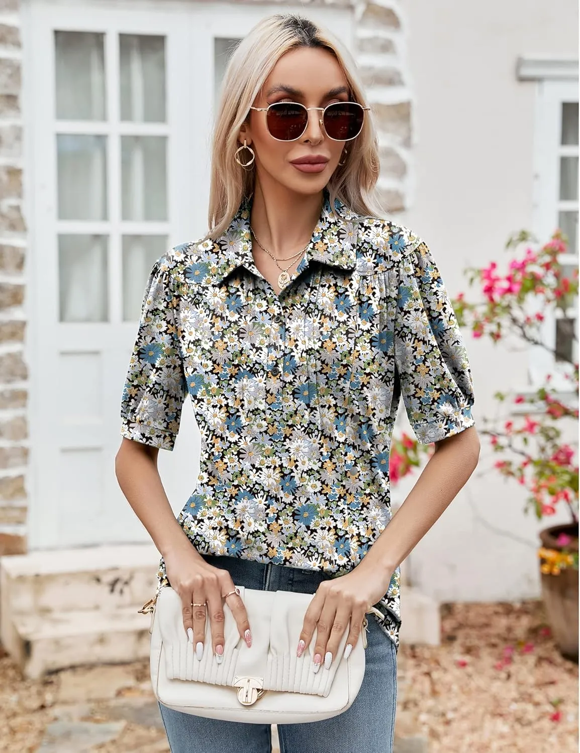Micoson Womens Blouses Dressy Casual Short Sleeve Button Down Collared Polo Shirt Loose Tunic 2023 Summer Tops