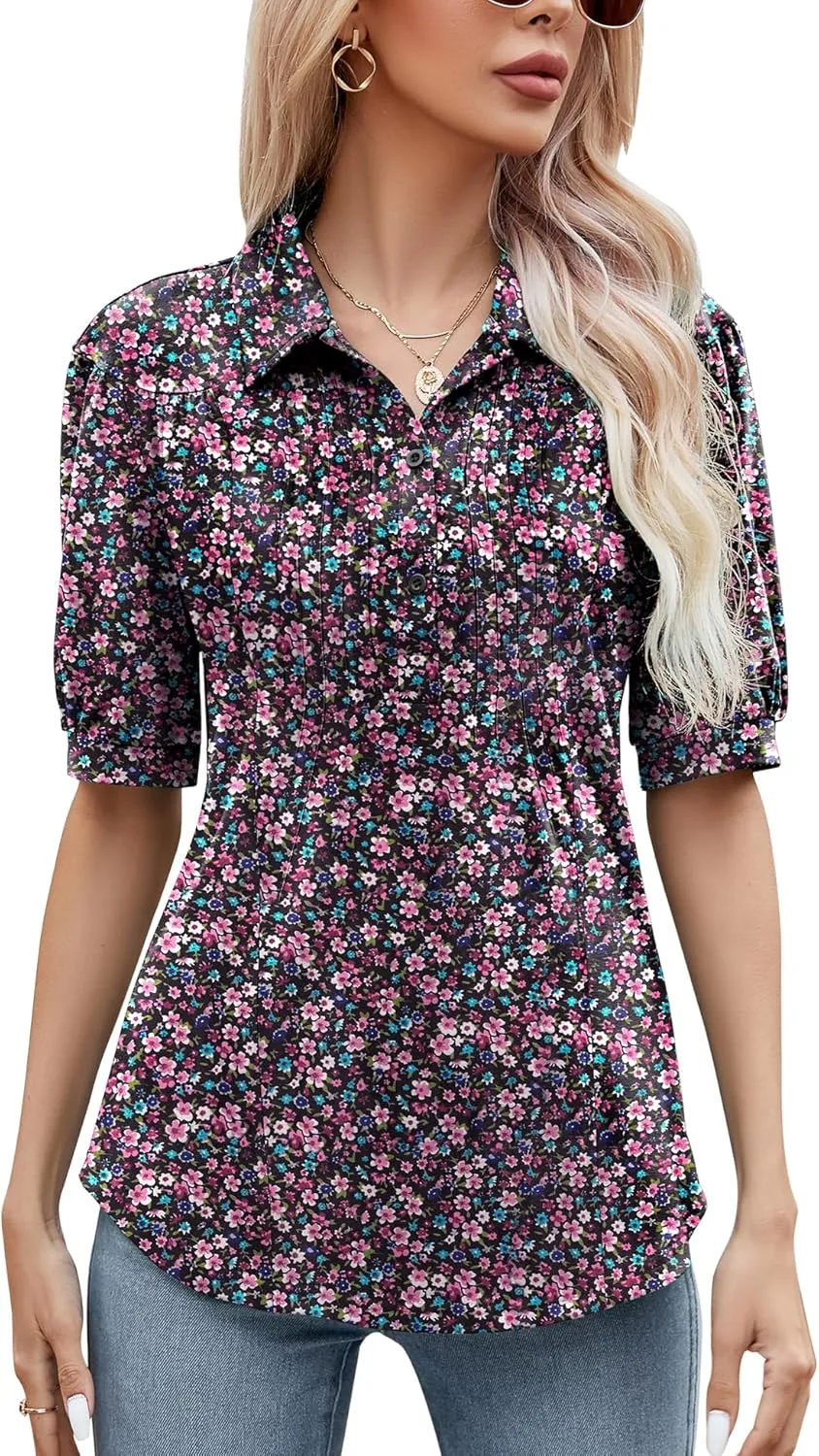 Micoson Womens Blouses Dressy Casual Short Sleeve Button Down Collared Polo Shirt Loose Tunic 2023 Summer Tops