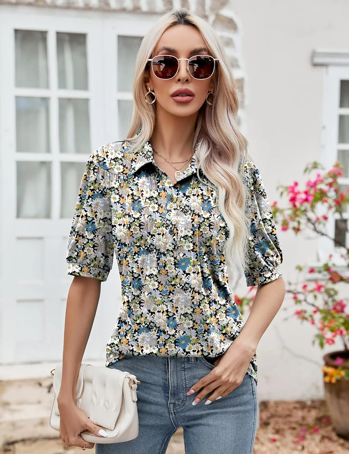 Micoson Womens Blouses Dressy Casual Short Sleeve Button Down Collared Polo Shirt Loose Tunic 2023 Summer Tops