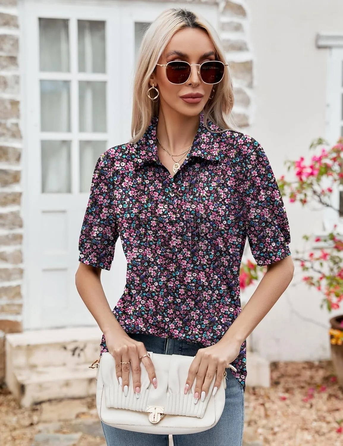 Micoson Womens Blouses Dressy Casual Short Sleeve Button Down Collared Polo Shirt Loose Tunic 2023 Summer Tops