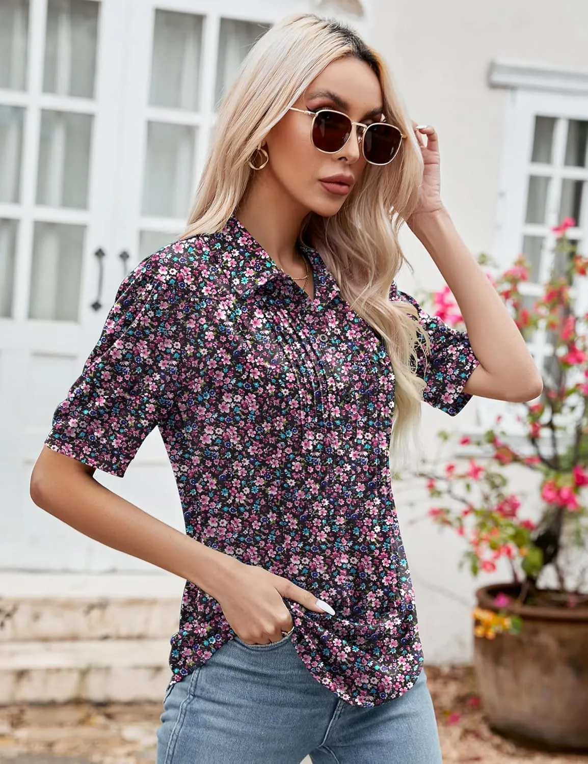 Micoson Womens Blouses Dressy Casual Short Sleeve Button Down Collared Polo Shirt Loose Tunic 2023 Summer Tops