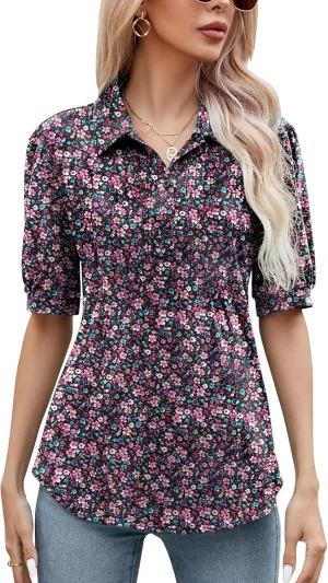 Micoson Womens Blouses Dressy Casual Short Sleeve Button Down Collared Polo Shirt Loose Tunic 2023 Summer Tops