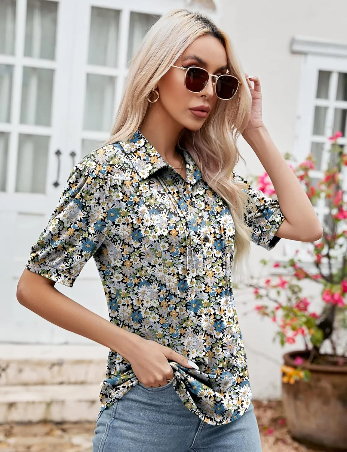 Micoson Womens Blouses Dressy Casual Short Sleeve Button Down Collared Polo Shirt Loose Tunic 2023 Summer Tops